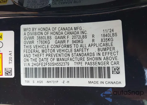 2025 Honda Civic Sport z USA, uszkodzony, nr VIN 2HGFE2F50SH552379